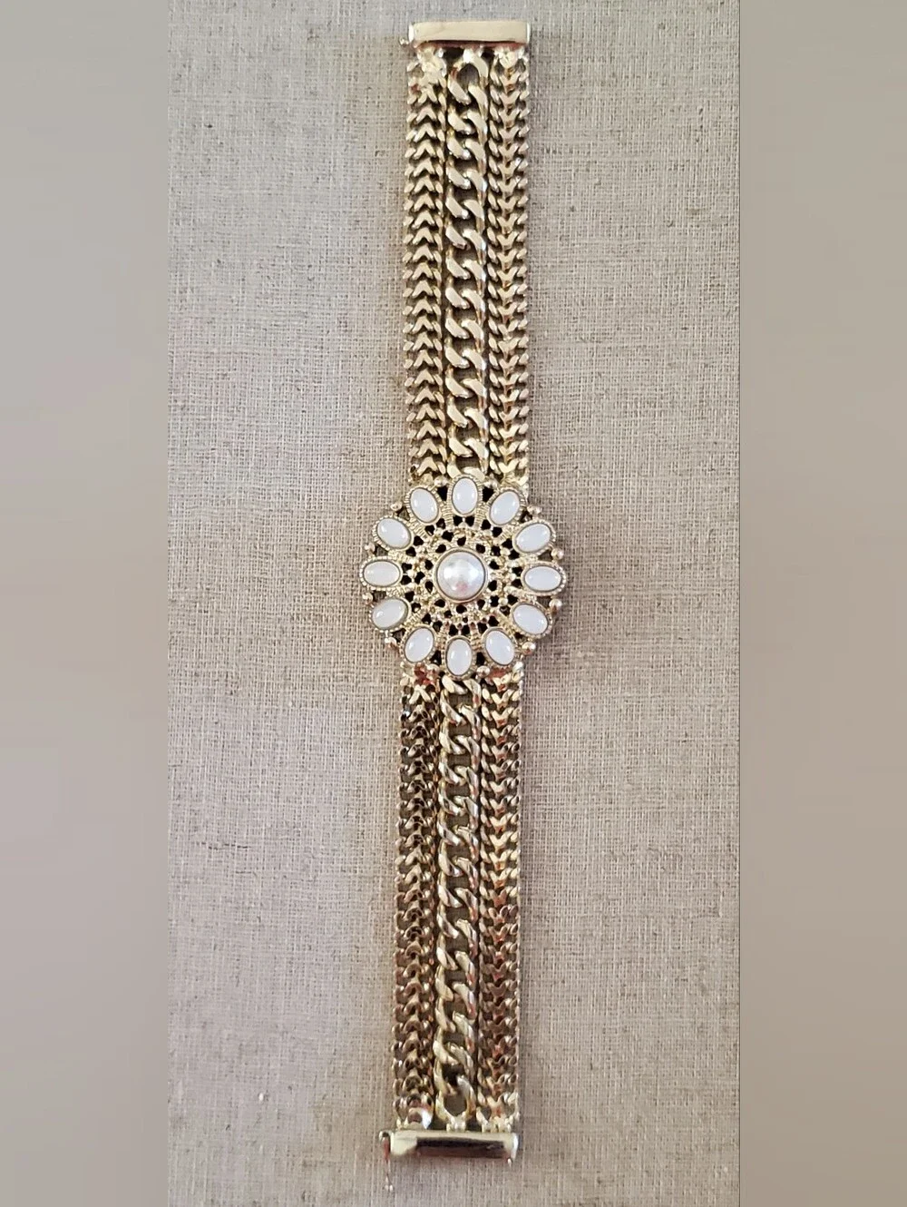 ​WHBM Gold-Tone Chevron & Curb Chain Faux Pearl Flower Medallion Bracelet